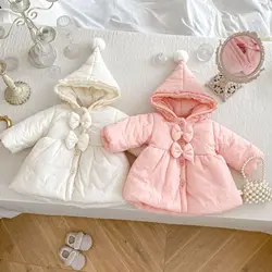 2024 Winter New Baby Girls Cute Sweet Bow Warm Coat Plus Velvet Thick Infant Cotton Padded Jacket Solid Kids Fleece Hooded Coat