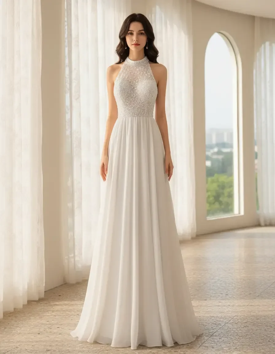 Elegant Classic Halter Neck Prom Dress with Beaded Lace Bodice for Wedding, Bridesmaid, Graduation & Formal Events