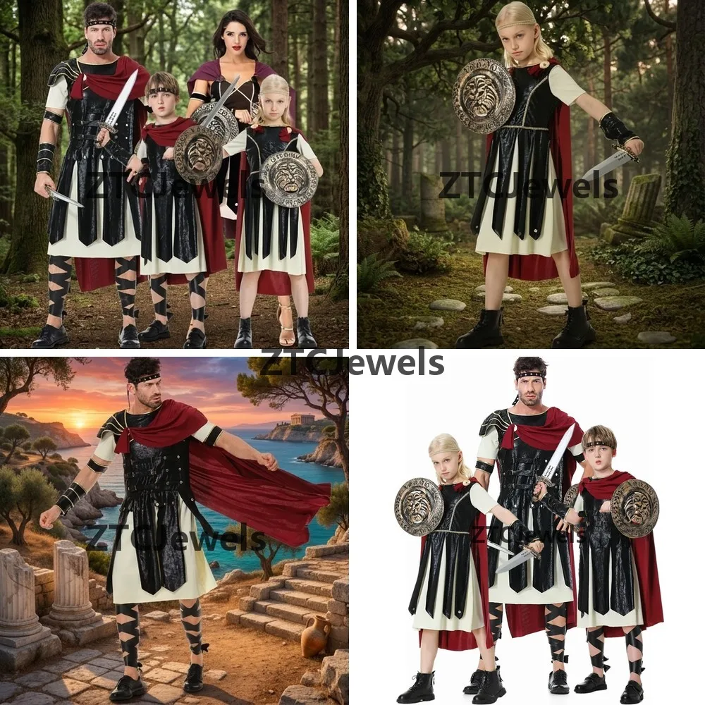 

Roman Warrior Cosplay Costume Adult Kids Gladiator Soldier Cloak Halloween Carnival Party Family Stage Outfit