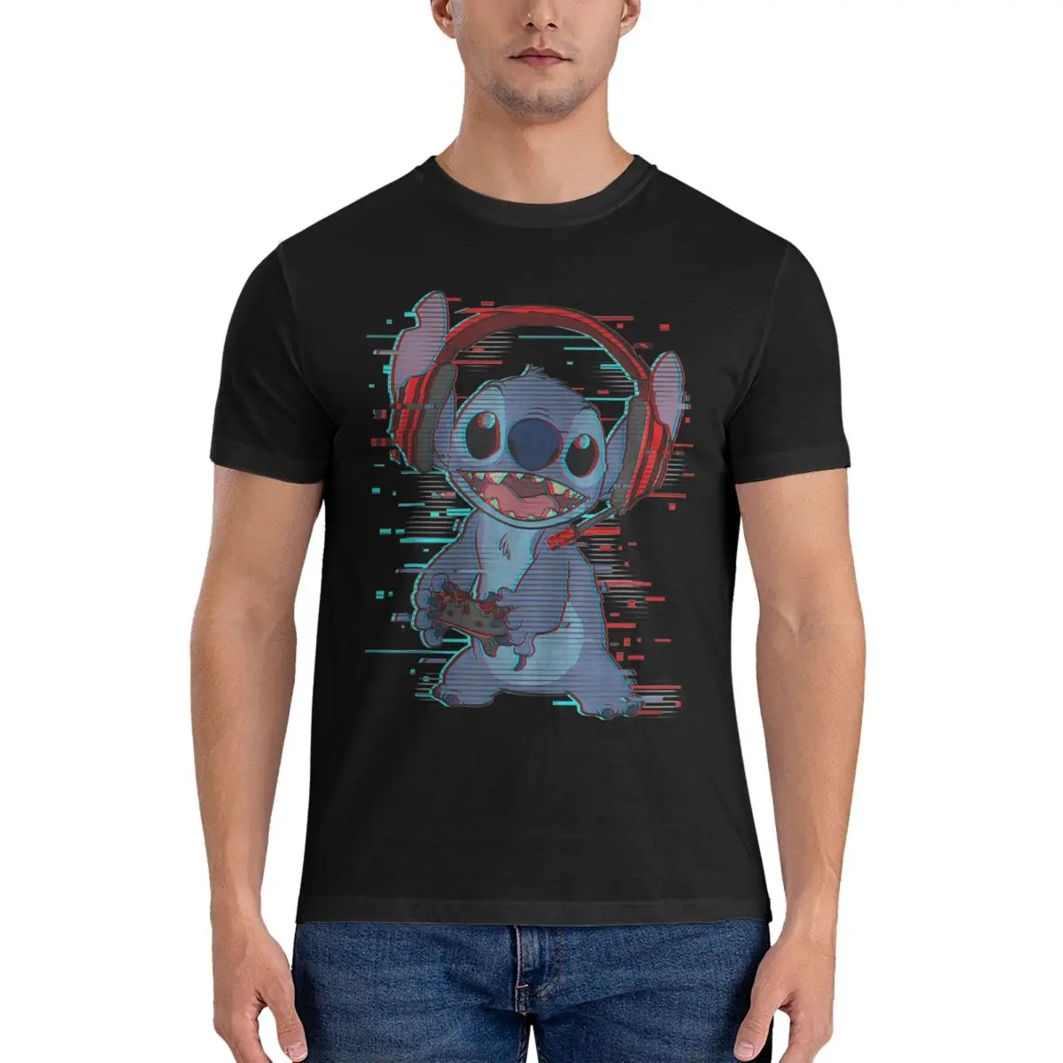 Casual Gamer Glitch Headset And Controller T-Shirt for Men Round Collar 100% Cotton T Shirts Disney Lilo & Stitch Film TShirt