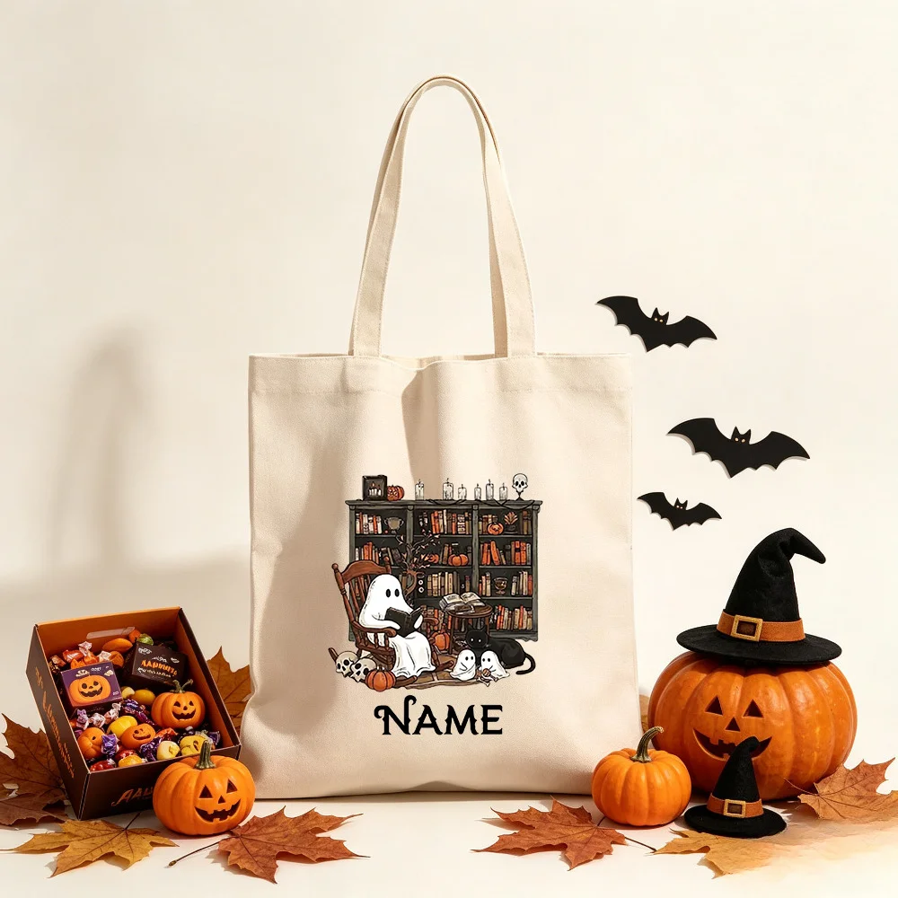 Custom Ghost Reading Books Halloween Canvas Tote Bag, Personalized Name Trick Or Treat Bag, Book Lover Spooky Season Bag.