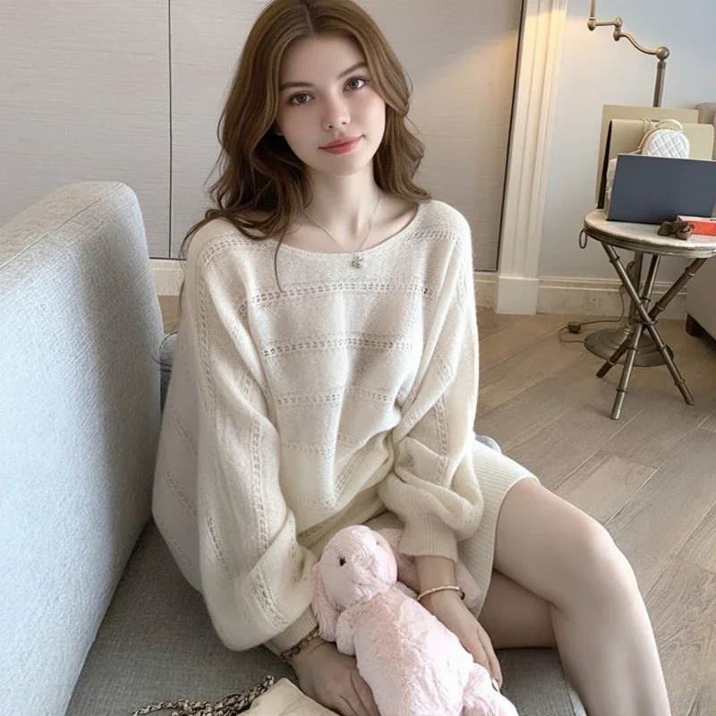 موضة الجوف خارج رقيقة محبوك سترة الحلو س الرقبة فانوس كم سترة عادية الصلبة تريكو الخريف الملابس النسائية الجديدة