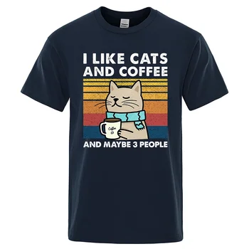 I Like Cats and Coffee Street 남성용 재미있는 티셔츠, 캐주얼 루즈 코튼 의류, 크루넥 통기성 티셔츠, 힙합 티 패션 