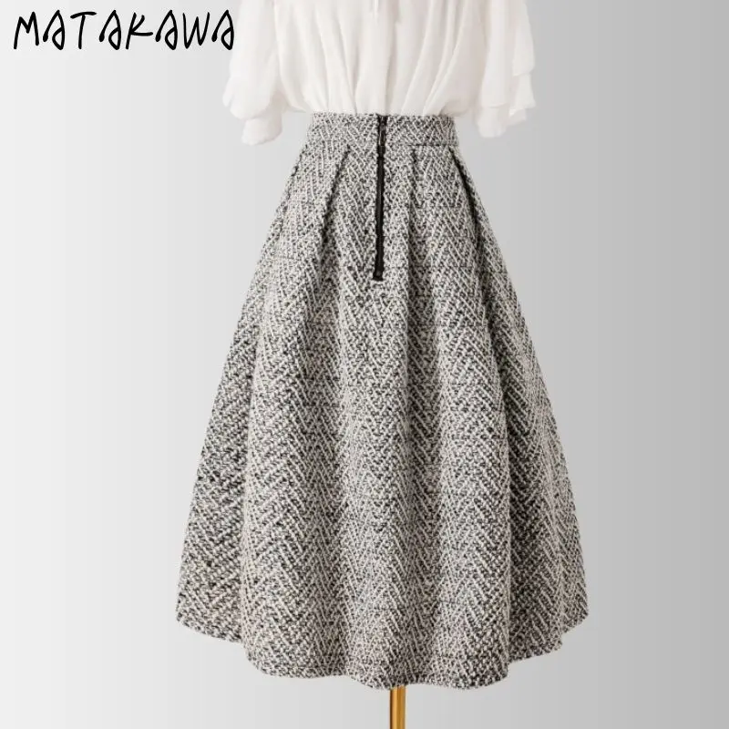 Matakawa Tweed Thick Long Skirts A-line Autumn Winter Contrast Color Korean Fashion Faldas Mujer Warm Vintage Women Skirt