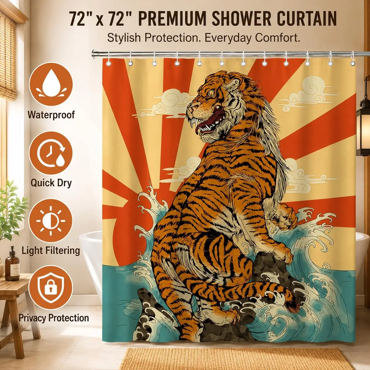 Exotic Tiger Jungle Print Shower Curtain Bathroom  Decor Tropical Animal Japanese Wave Design Statement Curtain