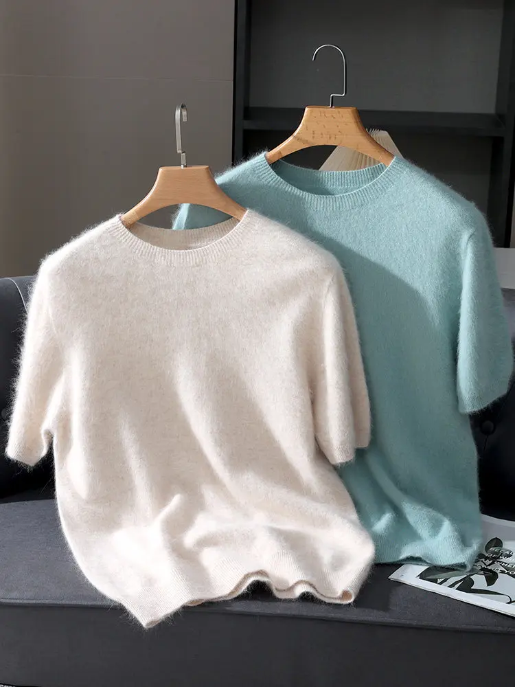 100% mink fur knitted short sleeved loose round neck solid color simple T-shirt casual business base shirt