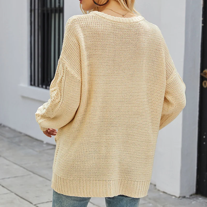 Jersey holgado informal de punto para mujer, conjunto de ropa superior con abertura de Cable y cuello redondo, otoño e invierno, novedad de 2023