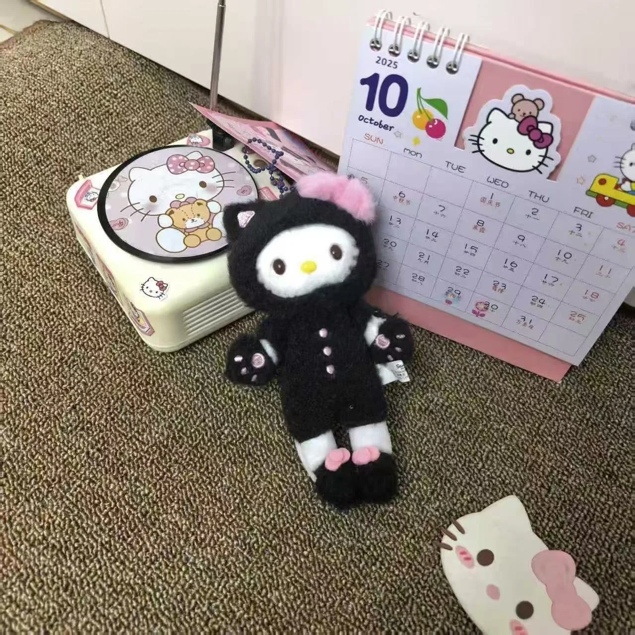 Sanrio Black cat Hello Kitty Cartoon Long legged Plush Doll kawaii Daily Series Kitty cat y2k Schoolbag Pendant Keychain  Gift