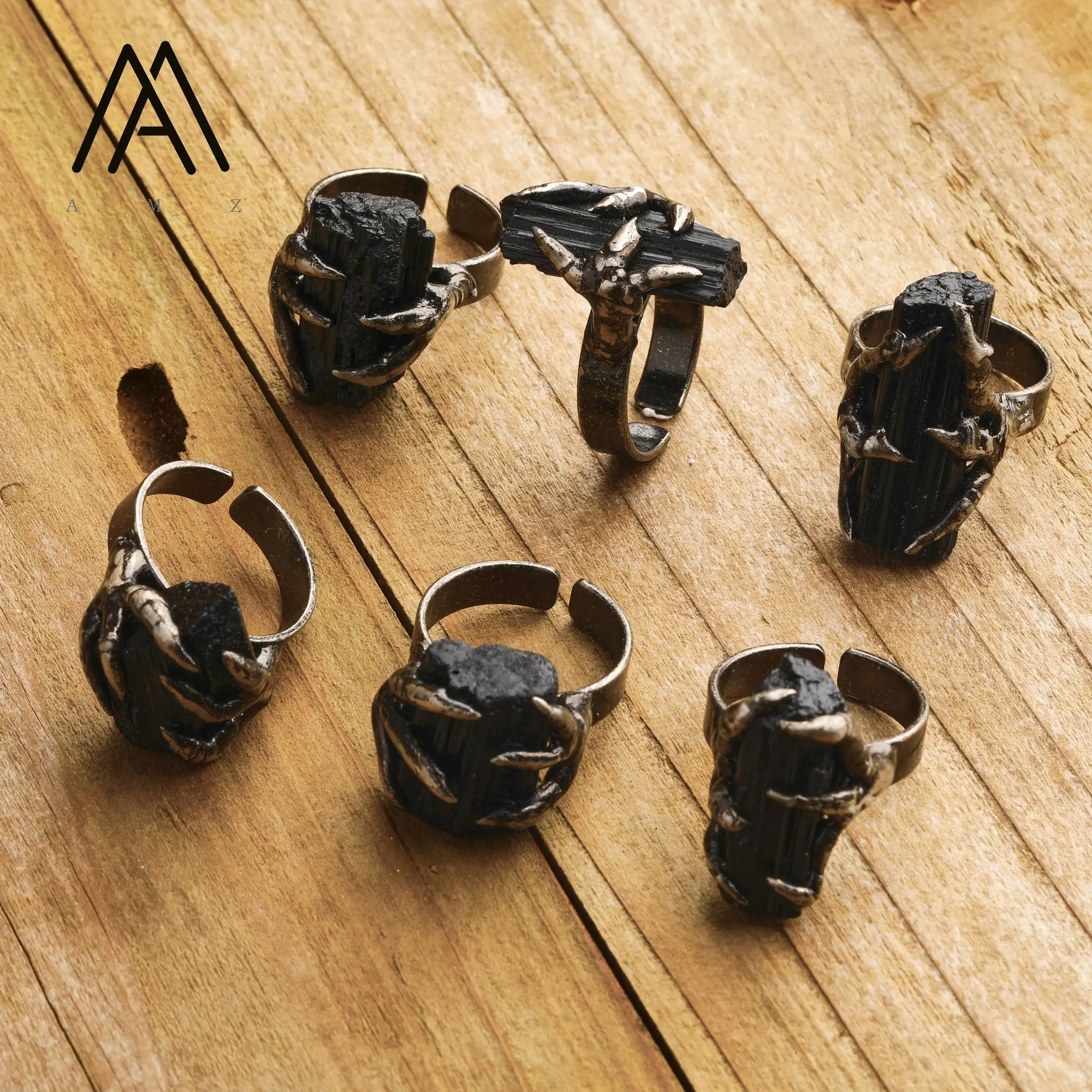 Raw Black Tourmaline Clawing Rings Open Finger Ring Antique Bronze Jewelry Men Gift