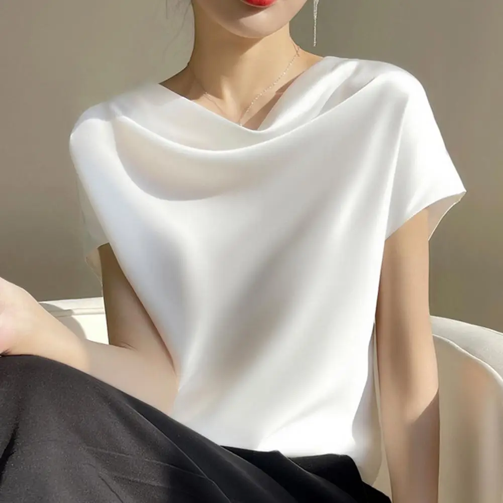 Faux Satin Smooth Elegant Women Blouse Shirt Summer Top Piled Collar Short Sleeve Solid Color Blouse Streetwear