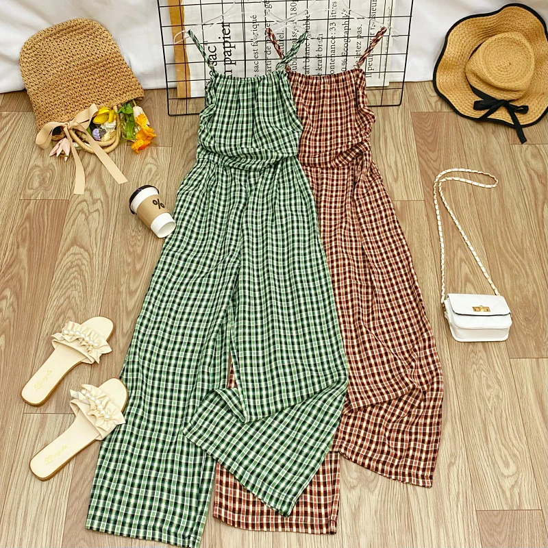 2025년 여름 하이웨이스트 와이드 레그 팬츠 휴가용 여성 롱 팬츠 점프수트 슬리밍 스트랩 디자인 비치 바캉스