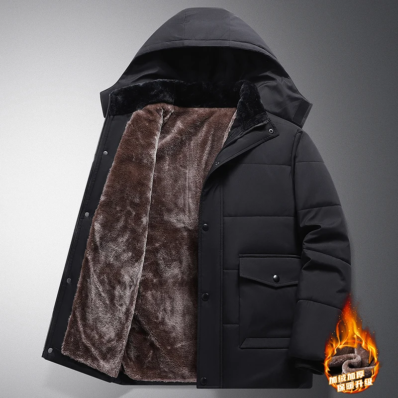 Winter Fleece Jackets Men Outdoor Detachable Cap Padded Jackets Windproof Warm Hooded Parkas Solid Black Winter Coats Male