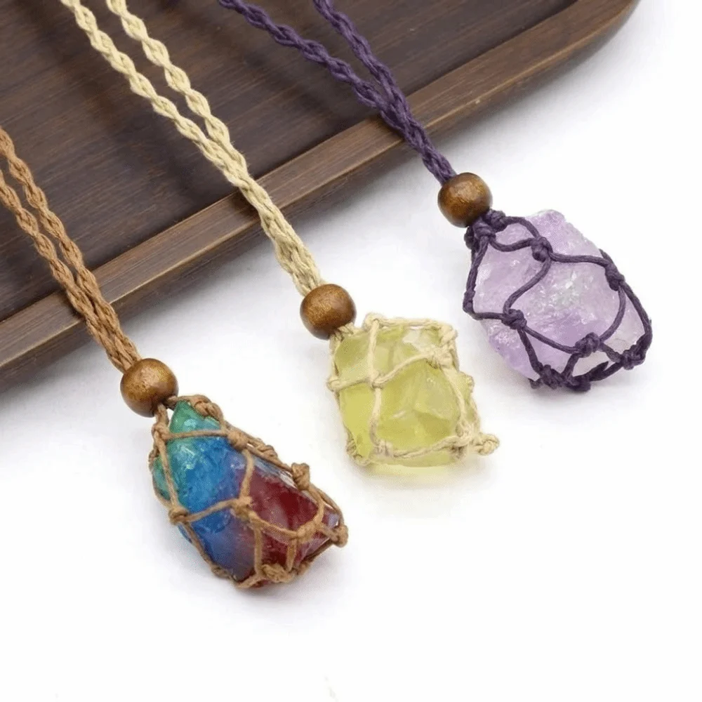 Handmade Healing Crystals Necklace Unique Elegant Natural Stone Pendant Necklace Versatile Stackable Rope Wrap Necklace