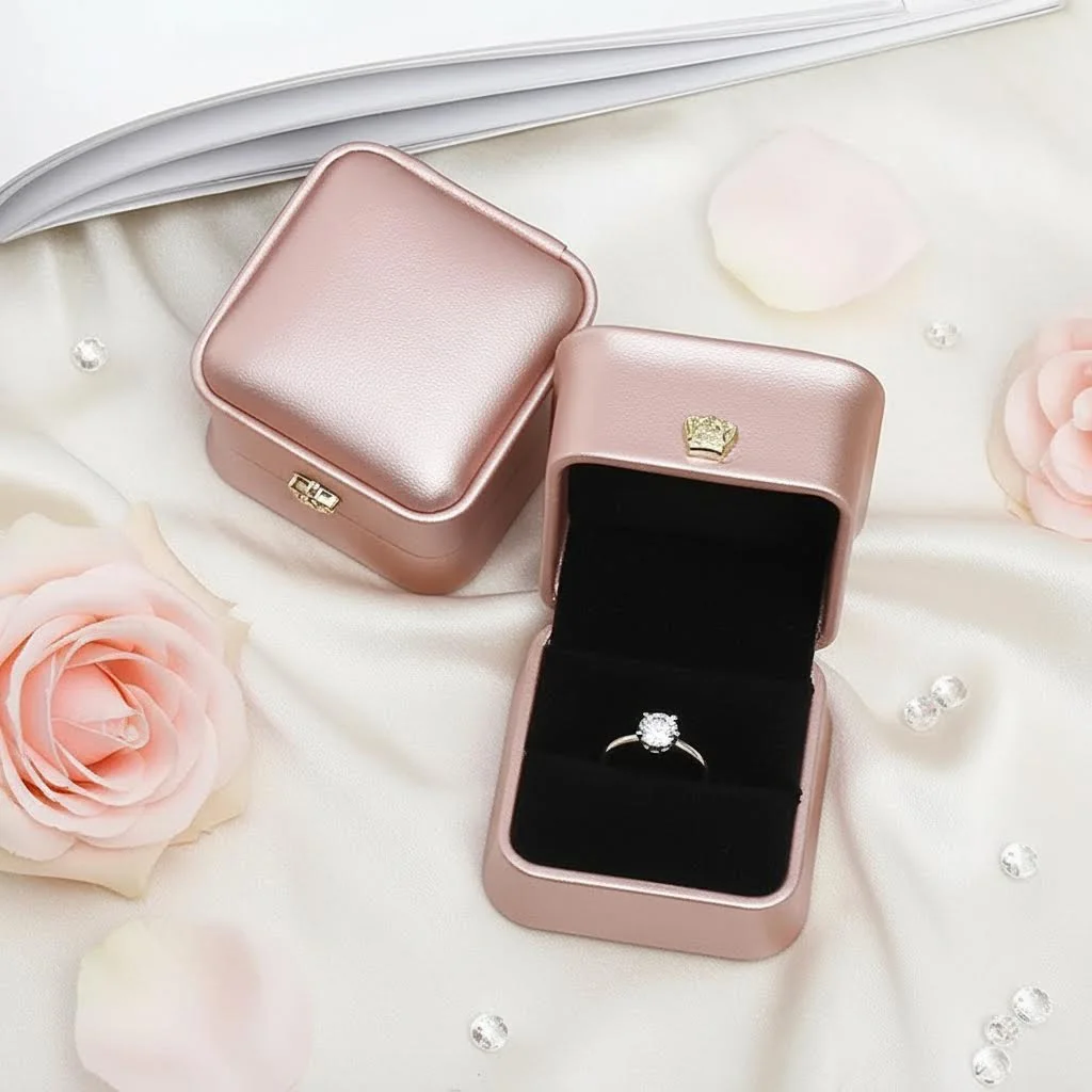 

1 шт. модная шкатулка для украшений 5,8x5,8x4,5 см, розовое золото/темно-синий/зеленый/белый цвет, с застежкой в виде короны из искусственной кожи, подарочная коробка для свадебных украшений