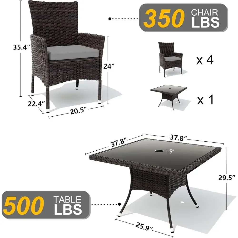 All-Weather Rattan Outdoor Dining Set with Tempered Glass Table and Removable Cushions for Patio, Deck, Grey