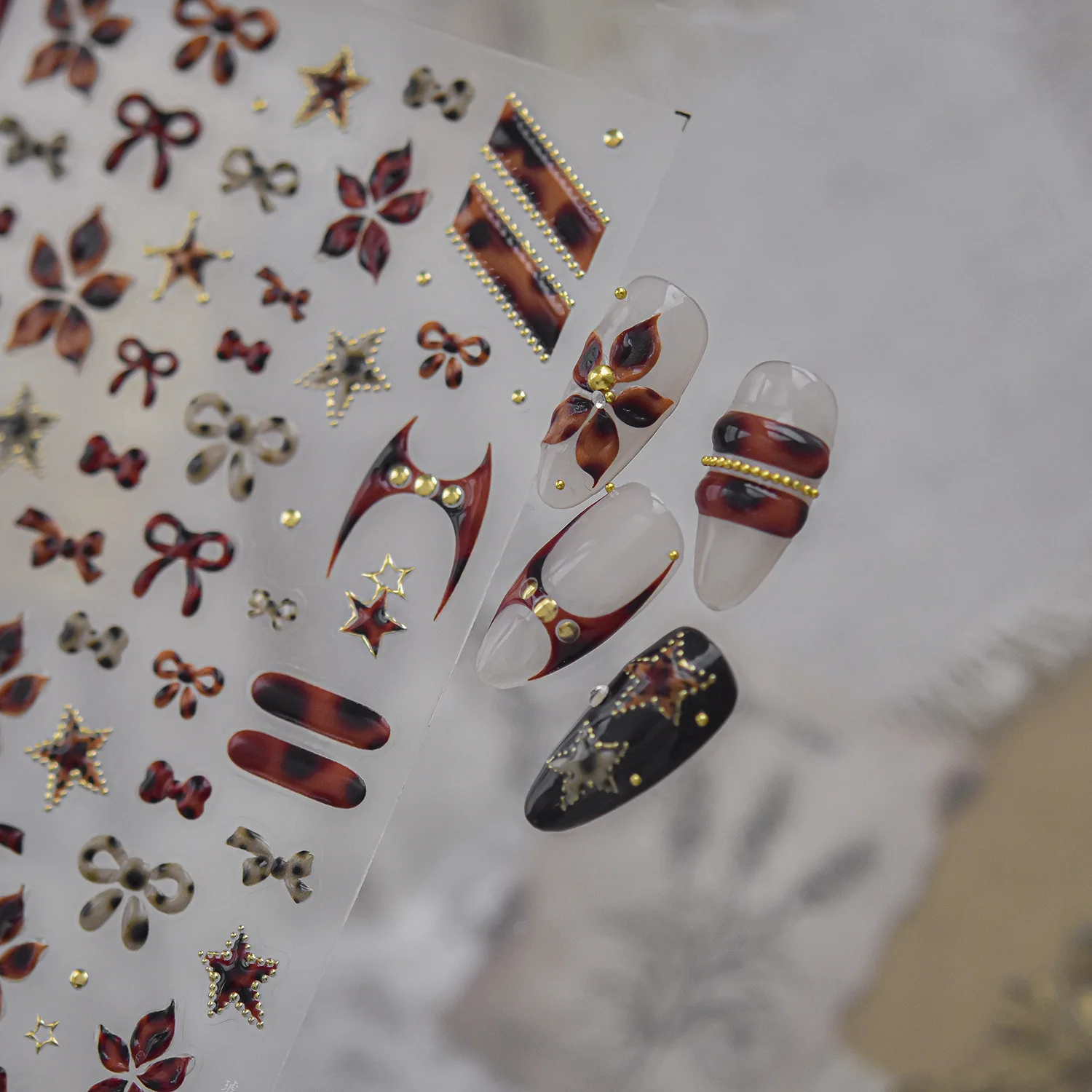 Retro Gothic Autumn 5D Nail Stickers Tortoiseshell Amber Bowknot Flower Star Bat Devil Horn Gold Dot Rivet Long Strip Decals