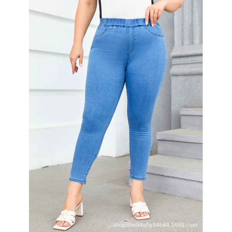 Cross-Border European and American plus Size Denim Elastic-Waist Slim-Fit Pants FatMMElastic pantsTEMUAmazonSHEINSpot Goods