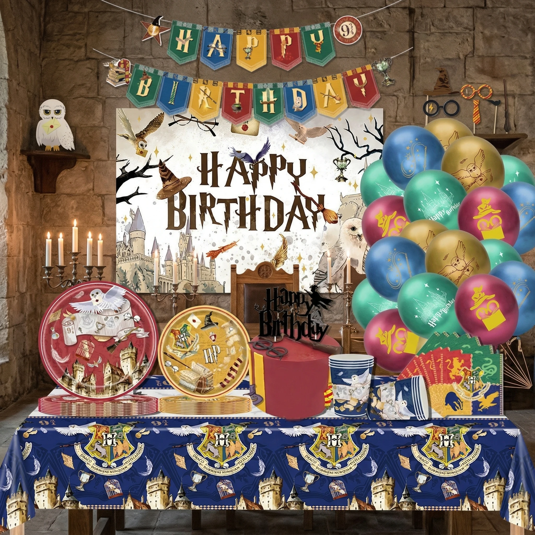 Conjunto de Decoração de Aniversário Tema Mundo Mágico: Banner Descartável, Topo de Bolo, Bandeira Suspensa e Balões Harry Potter