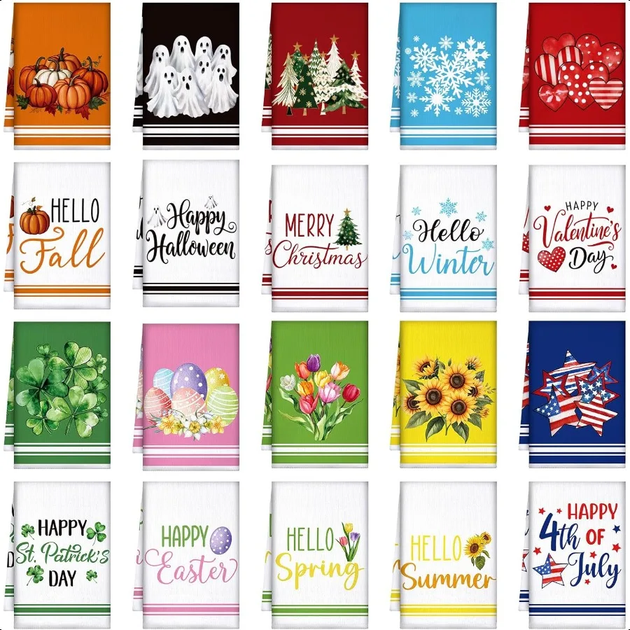 

20 Pcs Seasonal Kitchen Towels Holiday Decorative Hand Towels Set Summer 4th of July Fall Halloween Christmas Dish Cloths 16 x