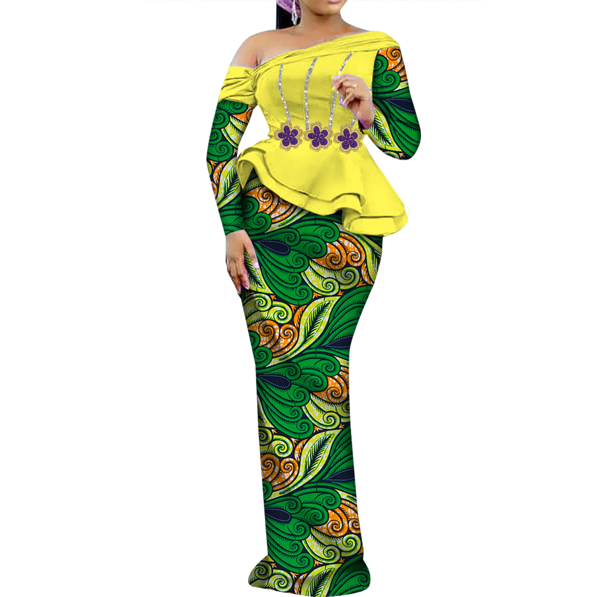 Ensemble dashiki bazin riche pour femmes africaines, vêtement de fête à manches longues, 2 pièces, wy9906