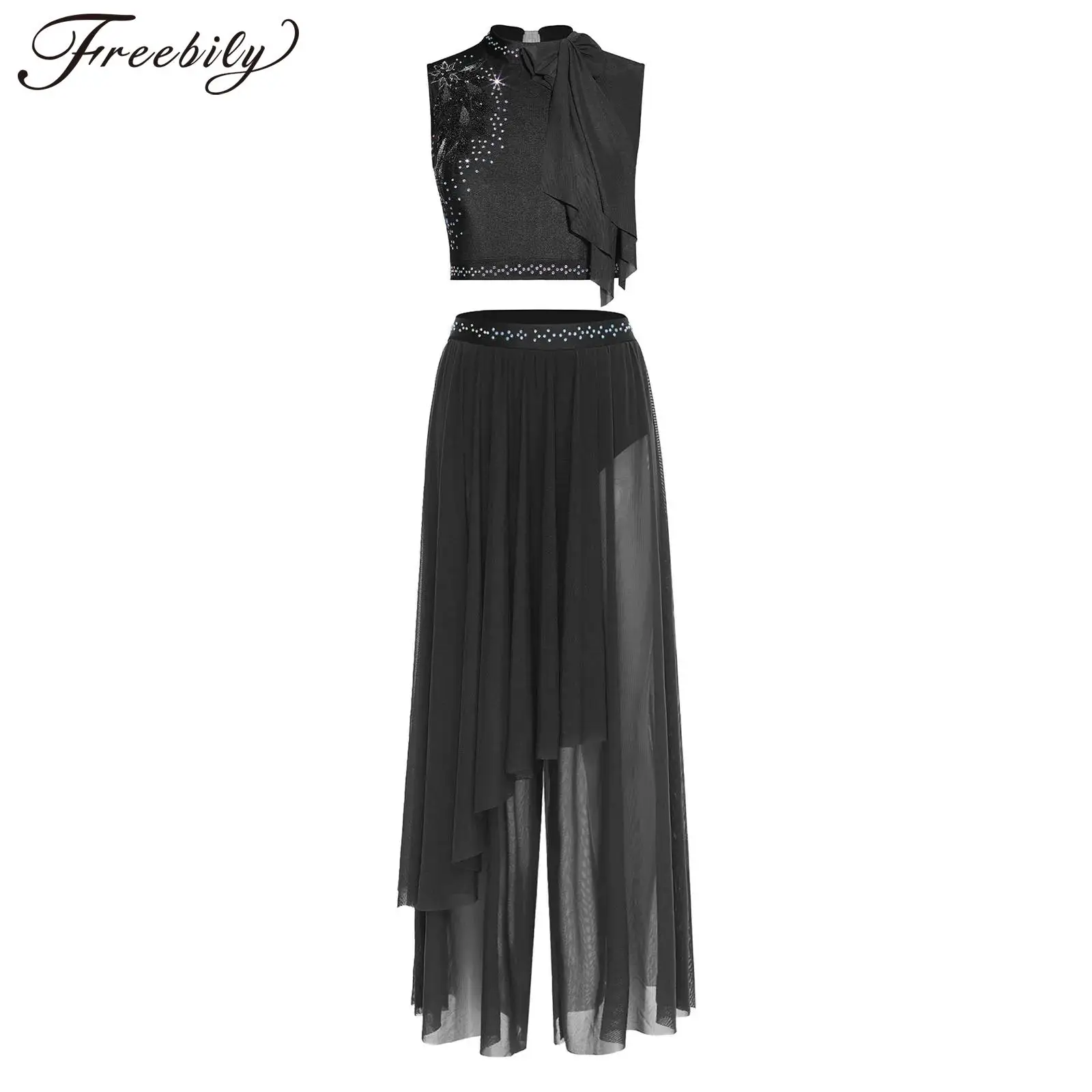 

Женский современный лирический танцевальный костюм с блестками и стразами, укороченный топ с бантом, широкие сетчатые брюки, фигурное катание, гимнастика, балетная танцевальная одежда