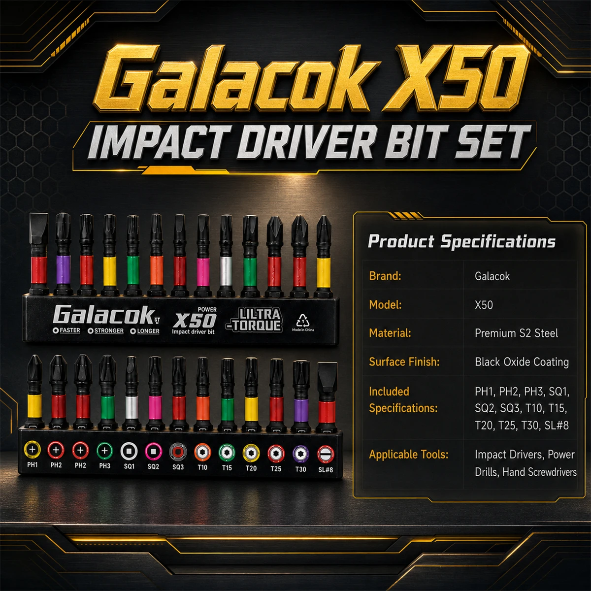 13PCS Impact Phillipes/Square/Slotted Screwdriver Bits Set 2'' Magnetic S2 Steel Bits Set Color Coded Base Drill bit accessories