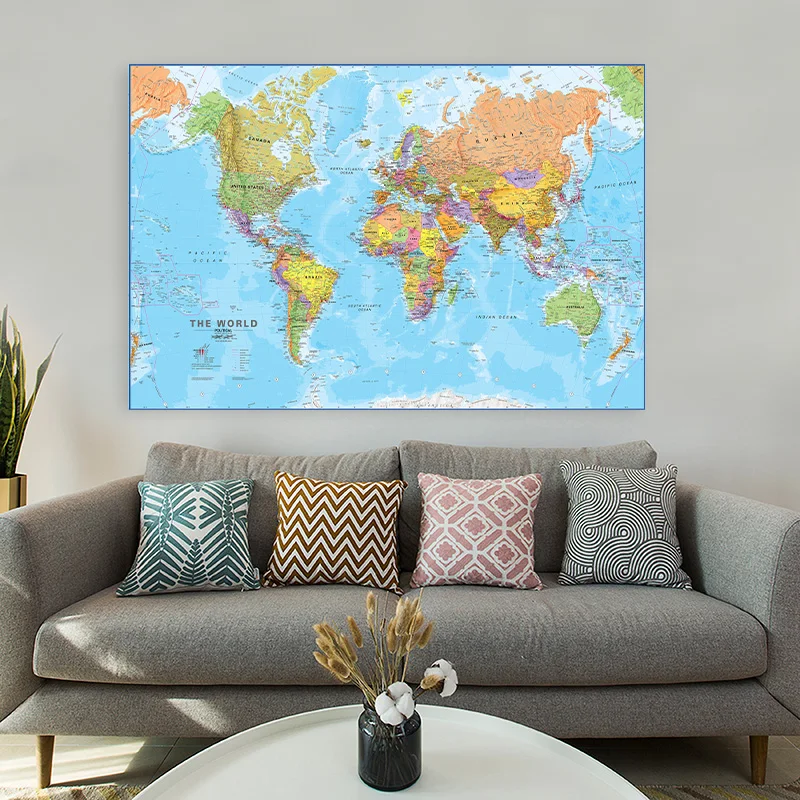 150*100cm World Map Detailed Wall Poster Clear Printed Canvas Painting Decorative Hanging Picture Office Home School Supplies