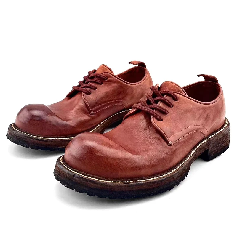 Horsehide Derby Shoes for Men's Thick Platform Wide Version Shoes Genuine Leather Washed Round Toe Retro Goodyear Handmade Shoes