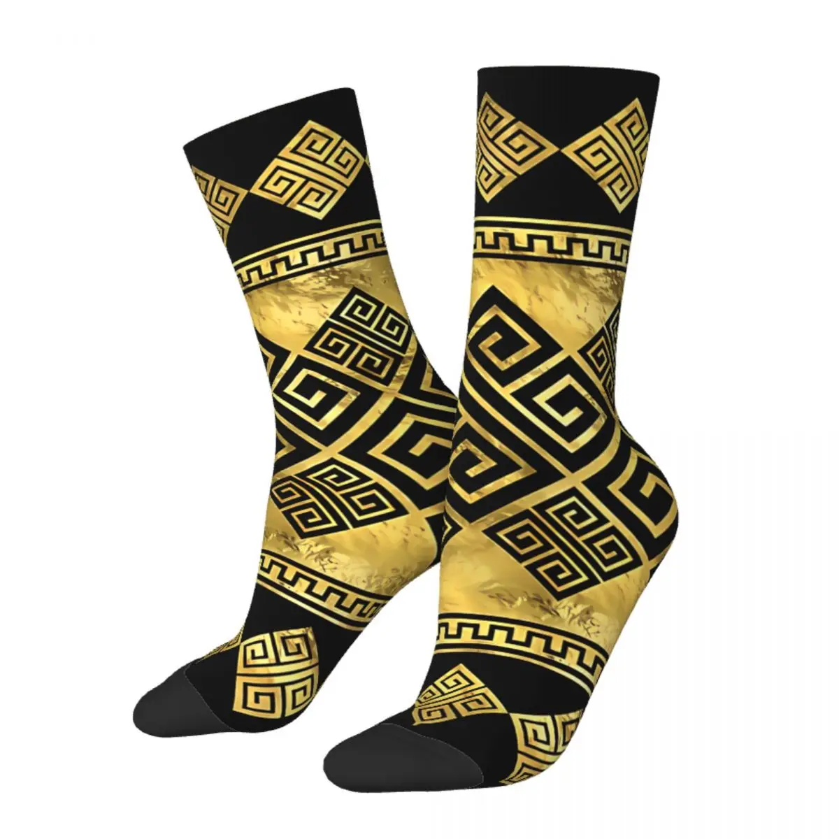 Hip Hop Vintage Greek Key Black And Gold Crazy Men\'s Socks Unisex Greek Meander Street Style Seamless Printed Crew Sock