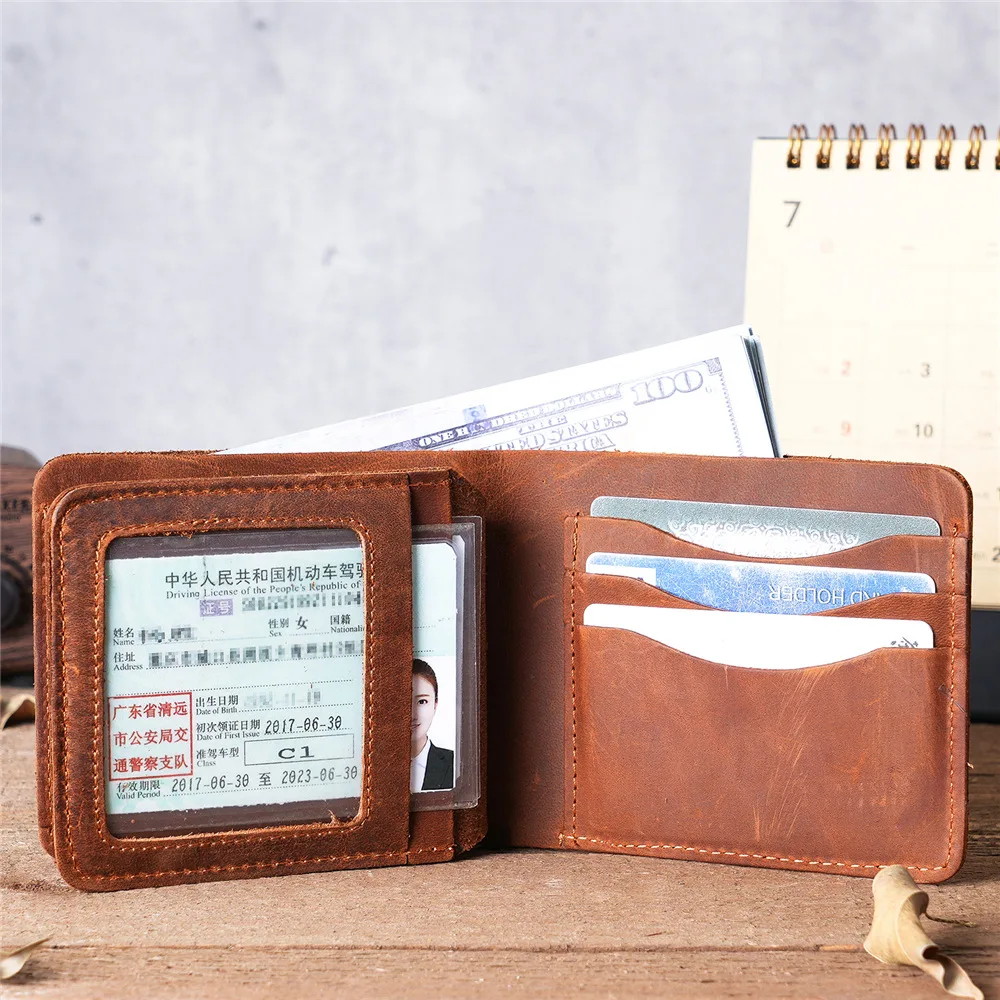 1072 محفظة جلدية كريزي هورس للرجال، محفظة جلدية أصلية كلاسيكية، حقيبة بيك اب بطبقة رأس ثلاثية الطي