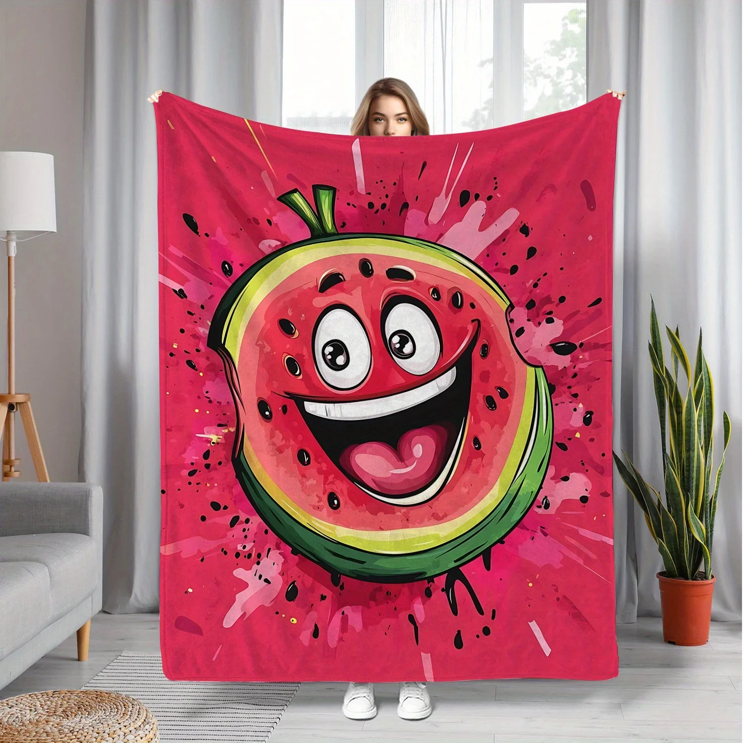 Cute Watermelon Cartoon Print Throw Blanket 150x230cm Large Cozy Plush Beach Bedspread Gift for Kids