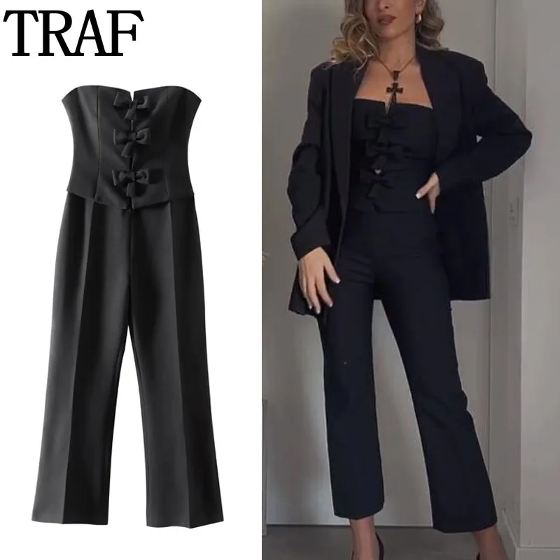 TRAF Bowknot Cut Out Jumpsuits For Women Off Shoulder Black Jumpsuit Summer Backless Long Jumpsuit Woman Streetwear Romper