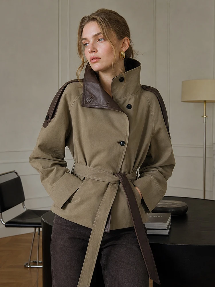 Damen Kurzer Trenchcoat aus Kunstleder mit Gespleißten Schulterklappen, Gürtel in der Taille, Locker Geschnittene Khaki Kurze Jacke, Vintage 2026 Damen Oberbekleidung – Detail 5