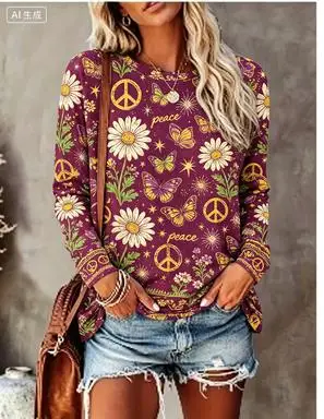 Women Long Sleeve T‑Shirt Hippie Daisy Butterfly Peace Sign Print Crew Neck Loose Casual Daily Tops - view 5