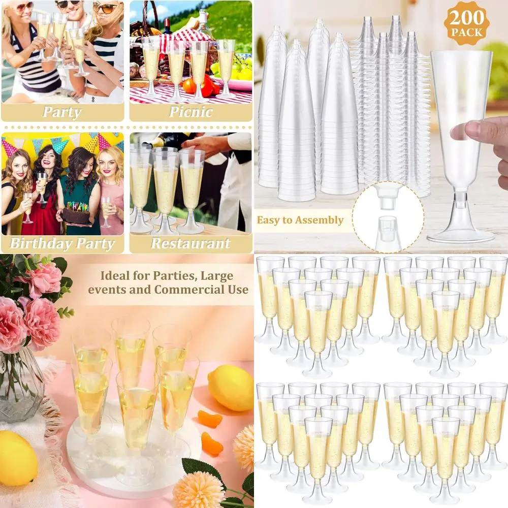 

Disposable 5 Oz Clear Plastic Champagne Flutes, 200 Pack for Weddings and Parties