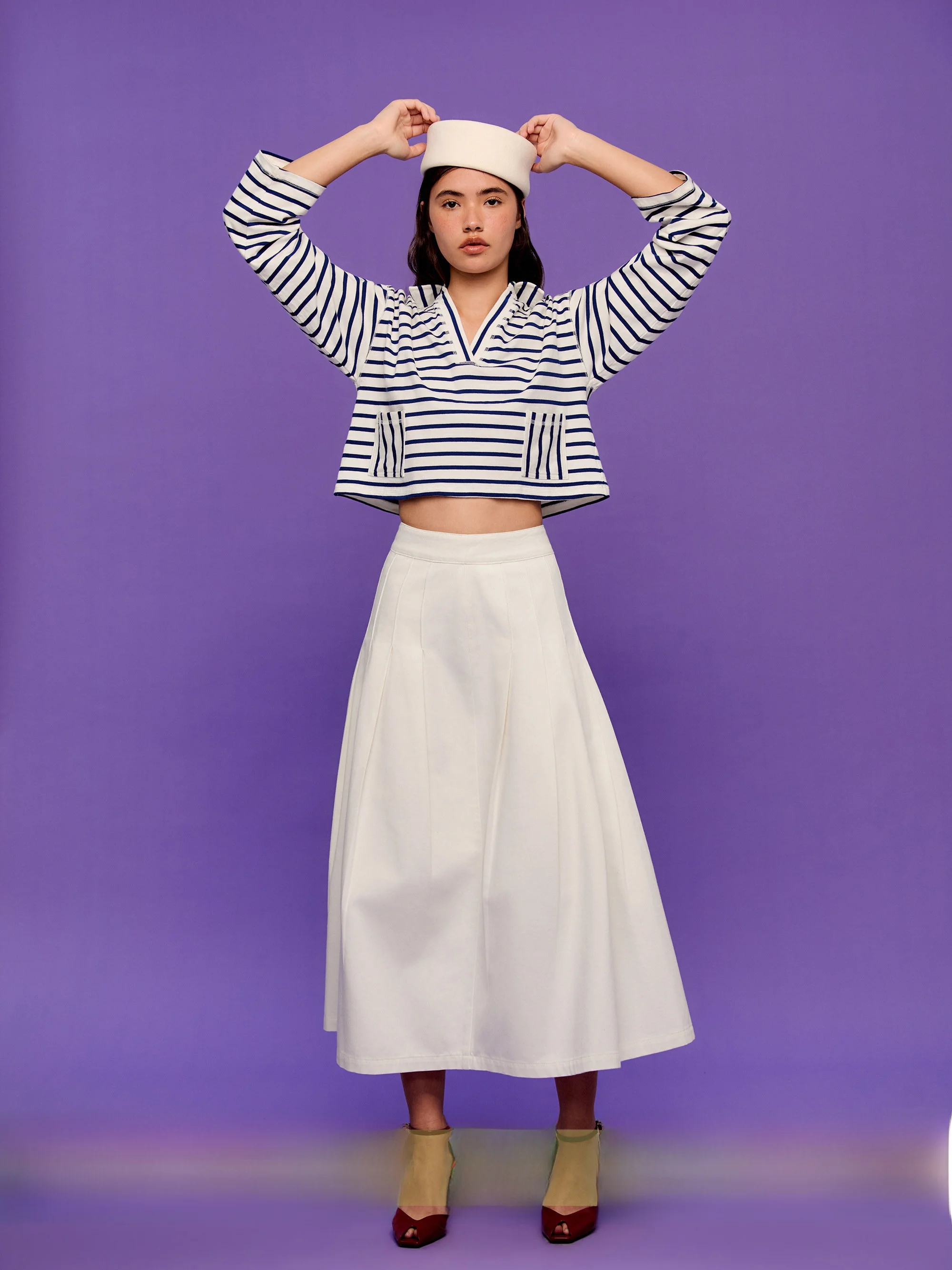 

Tore Elegant Slimming A-Line Denim Skirt White Pleated Mid-Waist Cotton Women's Fashion Spring Season China Made Zipper Closure