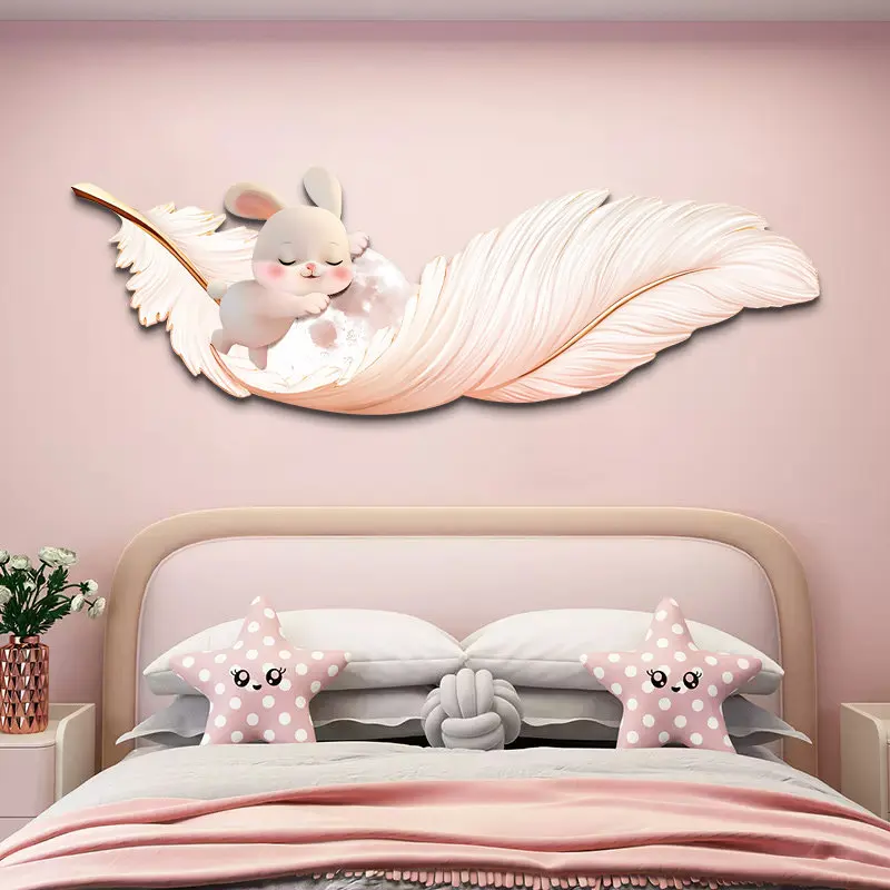 Modern Girl Room Led Decoration Painting Bedroom Bedside Mural Rabbit Feather Children's Room Wall Hanging Painting Living Room