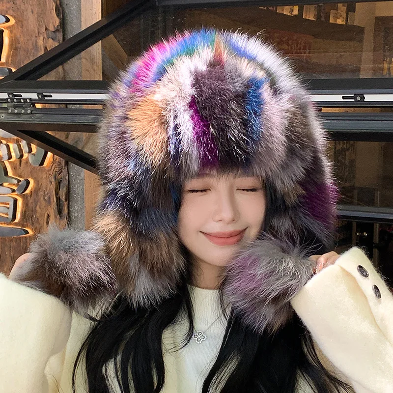Winter Color-block Real Fox Fur Hat for Women Warm Windproof Leather Fur Earflap Ushanka Hats Russian Bomber Hat for Outdoor