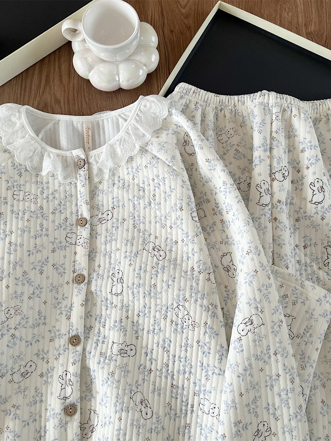 Cute Rabbit Print Sleepwear Set Women's Thickened Air Cotton round Neck Home Clothes Warm Flannel Pajamas Autumn Winter Home