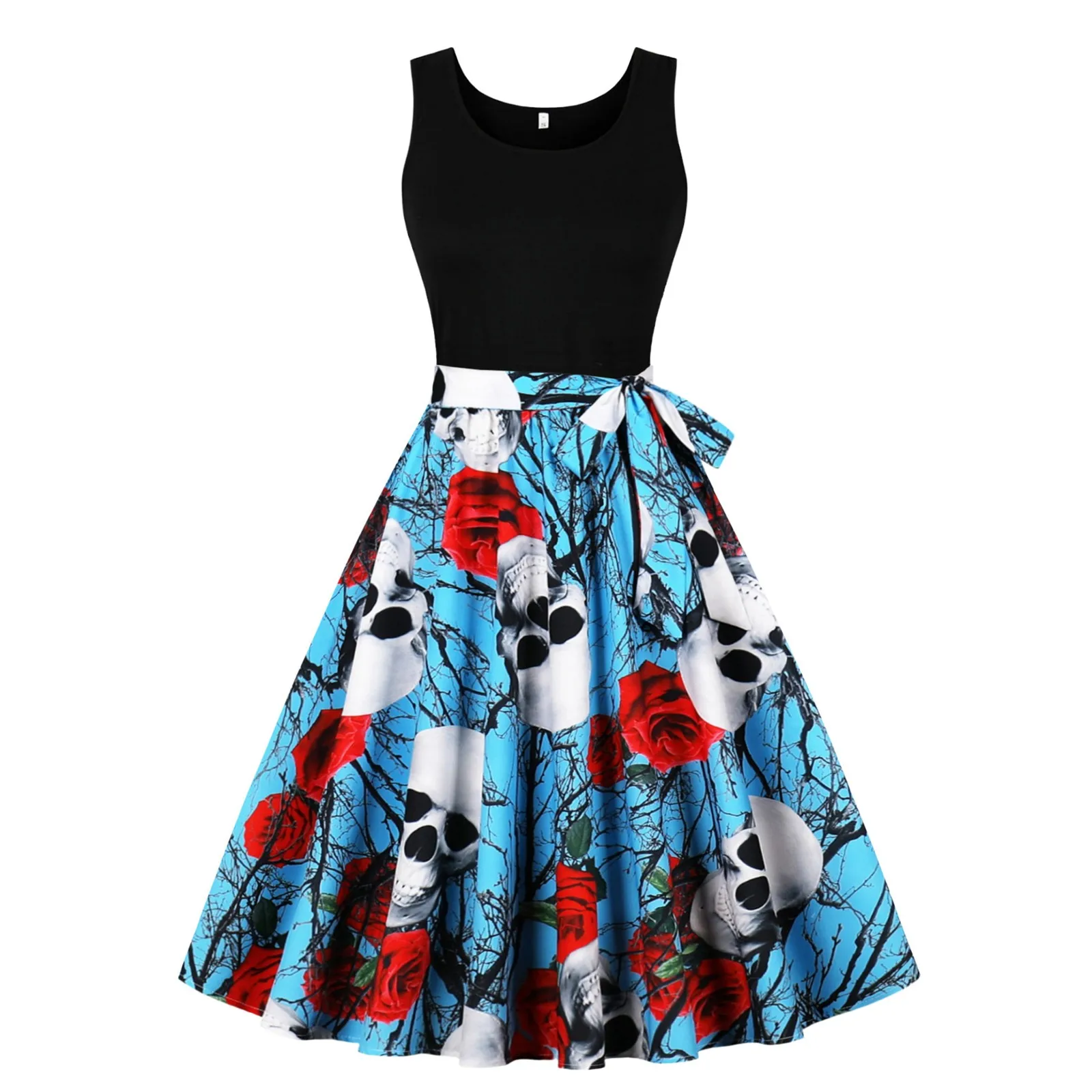 

Women Halloween Dresses Print Crew Neck Sleeveless Fashion Mixed Colors Dress With Waistband Loose Swing Casual Party Dress