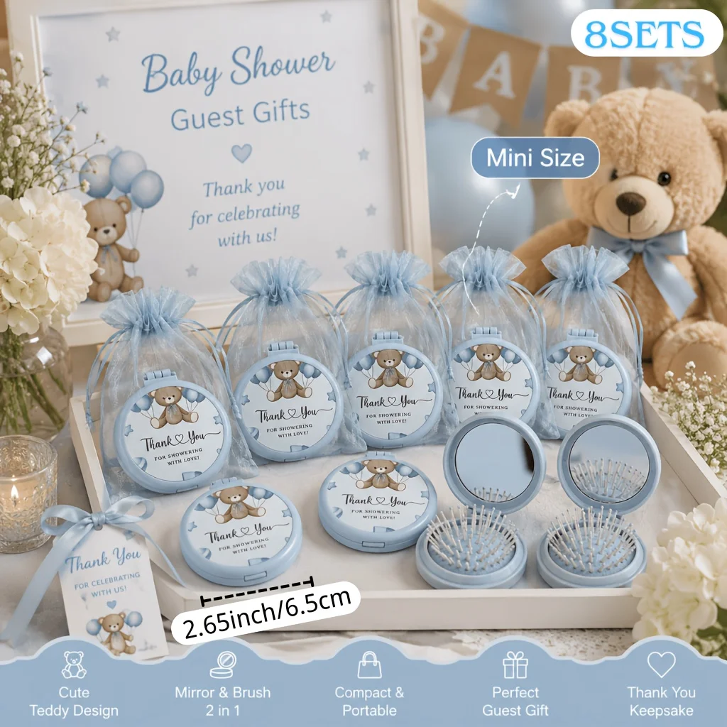 8 Sets Blue Foldable Pocket Mirror Comb Gift Set for Baby Shower, Gift Set, Baptism Christening Keepsakes, Gender Reveal Party