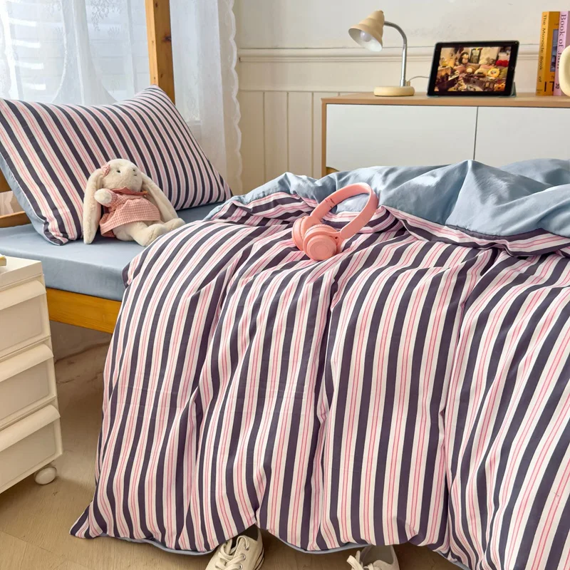 Minimalism Stripes Bedding Set Color-blocking, Polyester 3pcs Set Single Size, Back to School Season for Student Dormitory Decor