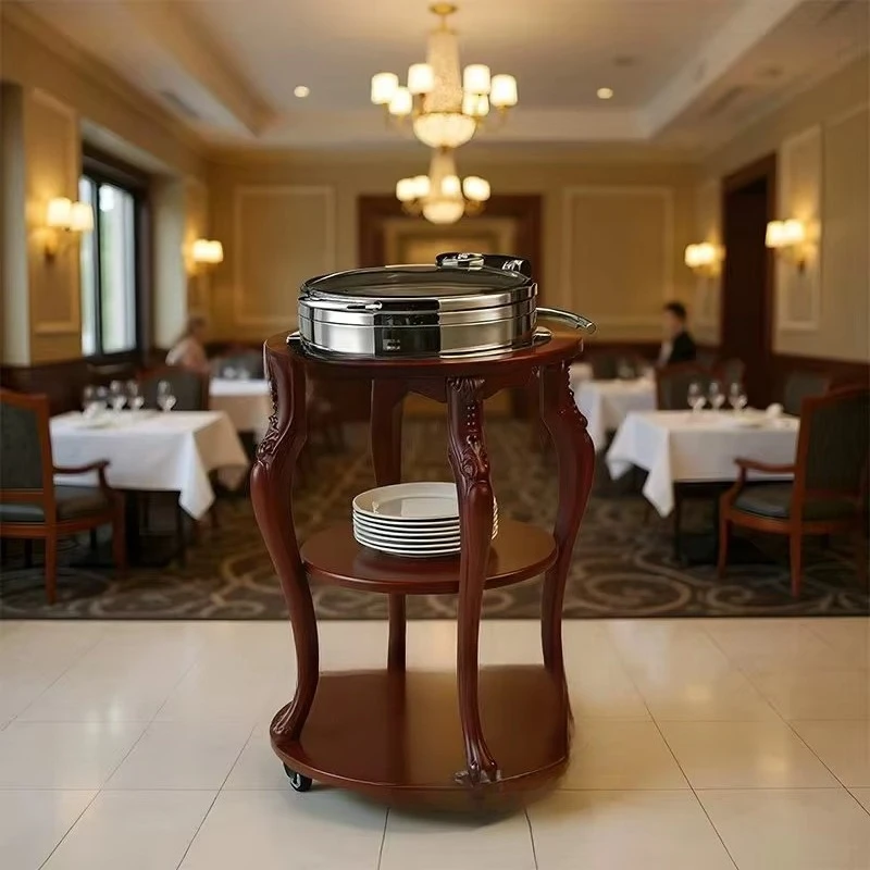 Xingpai Luxury Catering Equipment Triple Layer Cooking Food Warmer Hotel Cart Wooden Service Hotel Flambe Cart Buffet