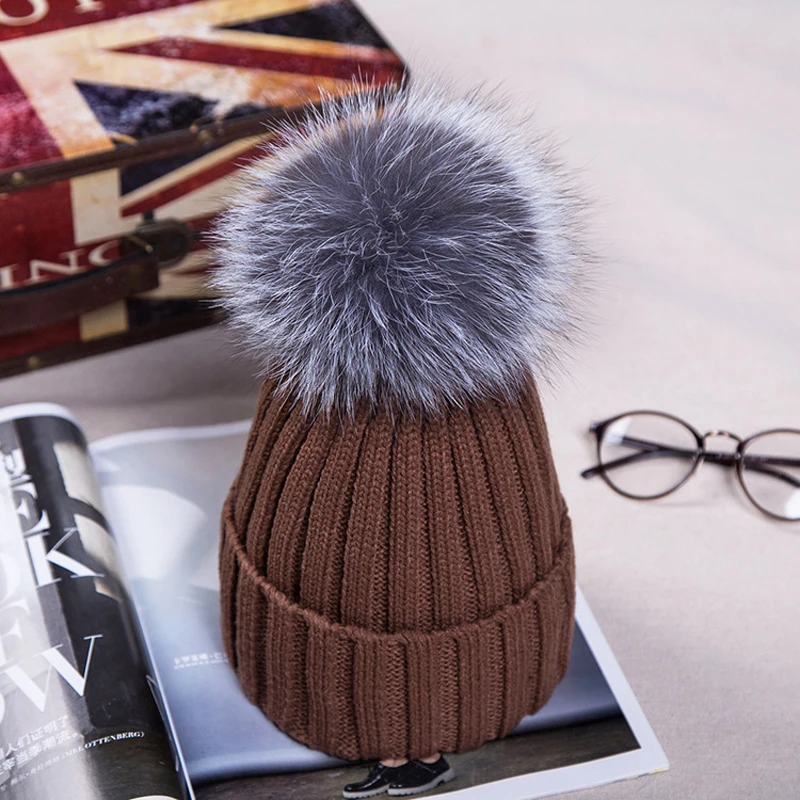 Hot Winter Big Real Fur Pompoms Knitted Beanies Caps New Thick Warm Knit Hats For Girls Women Boy and Child Hat Men