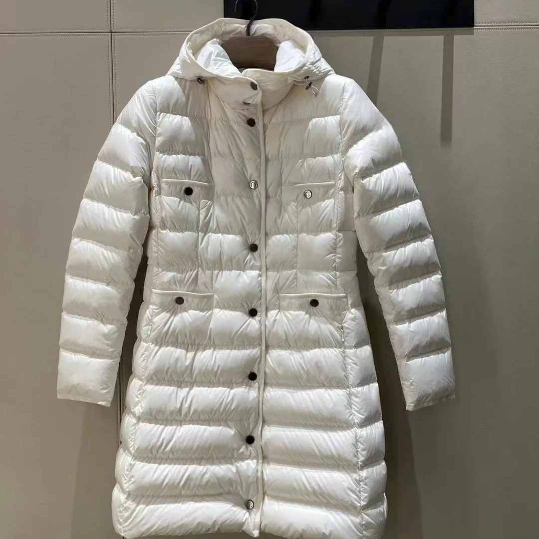 

Long Hooded Slim Fit Goose down Jacket with Pocket Design White Duck Feather Over-Knee Length Fashionable Coat