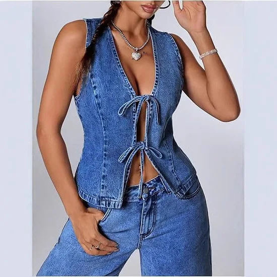 2026 New Fashion Washed Denim Corset Lace Up Vest Top Women's Bodycon Button Down Blouses
