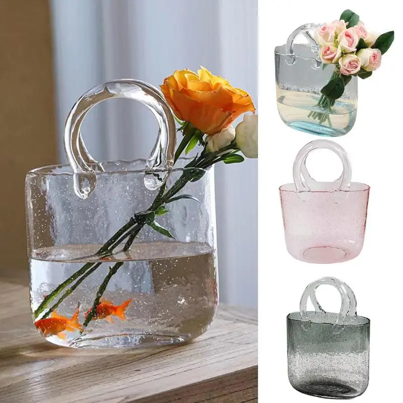 

Handbag Shape Clear Glass Vase For Plant Flower Fish Handmade Transparent Vase Fish Tank For Home Decoration Glass Purse Vase