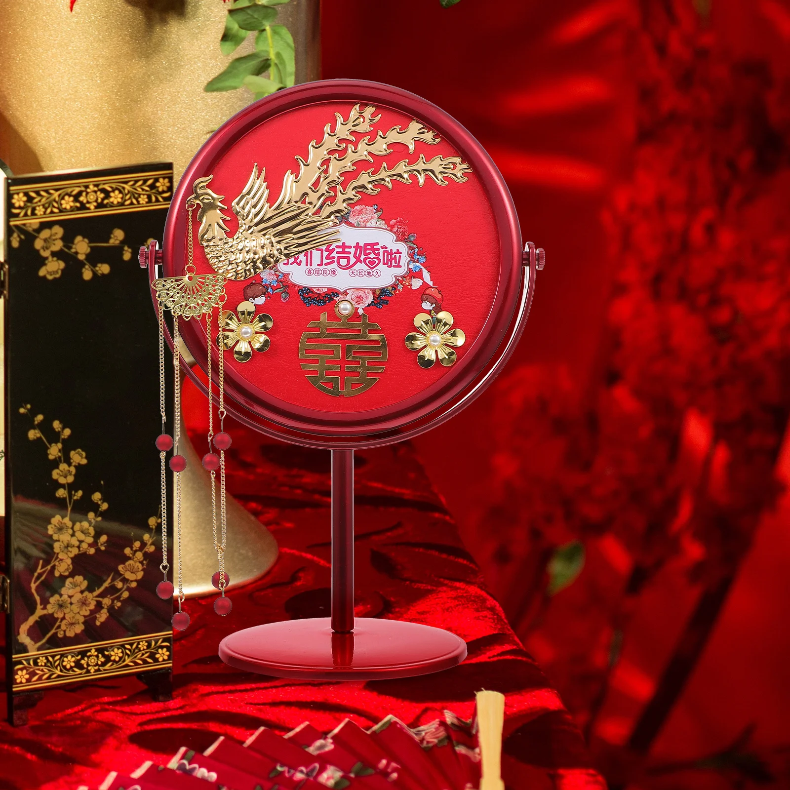 

Wedding Makeup Mirror Red Rotatable Desktop Table Decorative Mirror Simple Practical Bride Tabletop
