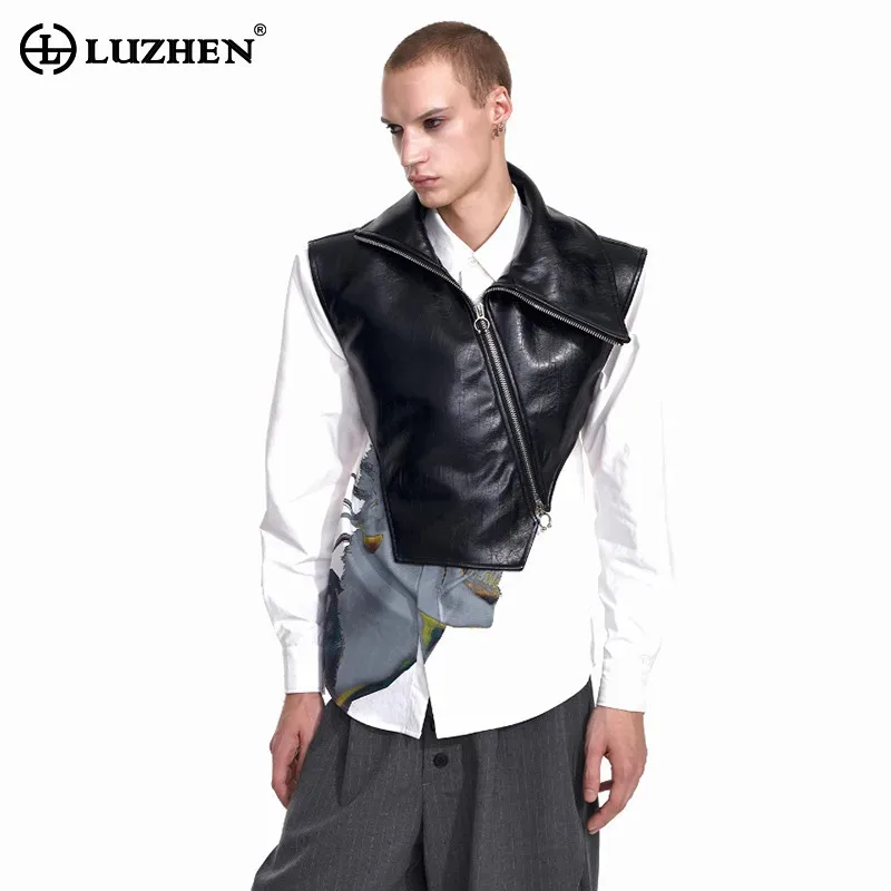 

LUZHEN Original Personalized Slant Zipper Design Stand Neck Leather Sleeveless Jacket Men's 2025 Street Motorcycles Vest JY3927