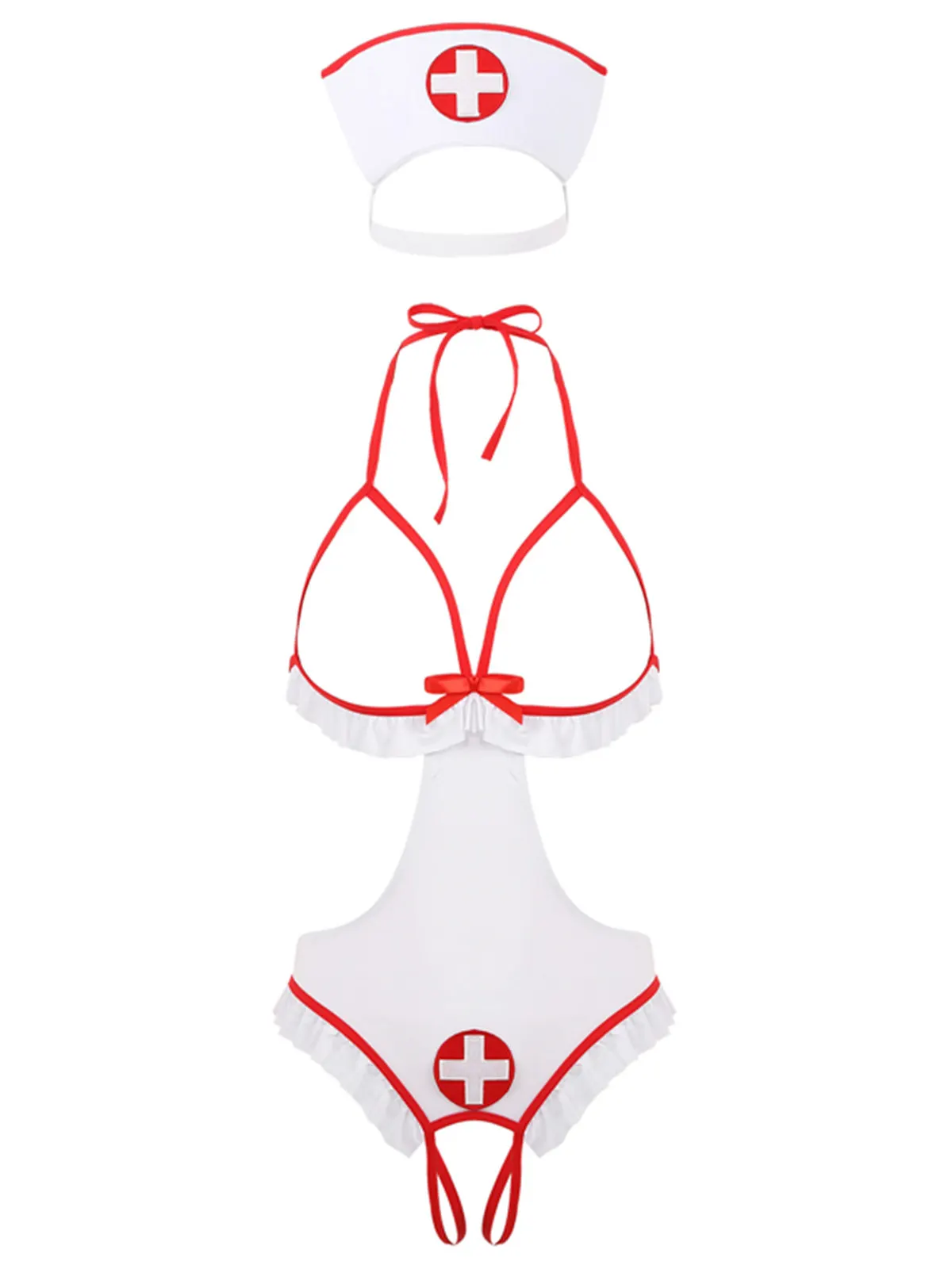 

Sexy Womens Fantasy Nurse Cosplay Roleplay Lingerie Set Halter Neck Open Cups Crotchless Tie-on Leotard Bodysuit with Headband